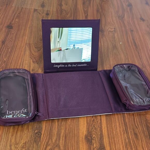 Benefit pink purple metallic cosmetic pouches with built in large mirror - Picture 1 of 5